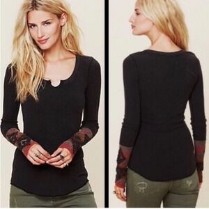 Free People Womens Kombucha Thermal Top Boho ASO Elena Gilbert Crochet Black